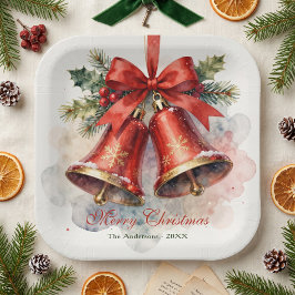 Vintage rote Glocken Aquarell Weihnachtsdinner Pappteller