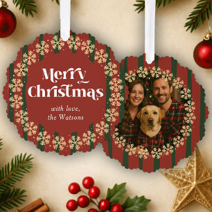 Vintage rote grüne Karo-Muster-Familienfoto Weihna Ornament Karte