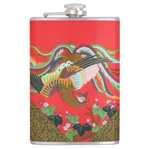Vintage Rote Japanische Phönix-Vogel-Kunst G.A. Au Flachmann
