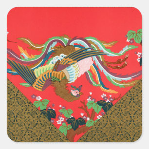 Vintage Rote Japanische Phönix-Vogel-Kunst G.A. Au Quadratischer Aufkleber