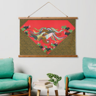 Vintage Rote Japanische Phönix-Vogel-Kunst G.A. Au Wandteppich Mit Holzrahmen