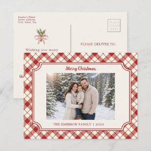 Vintage rote Karo-Weihnachts-Postkarte Feiertagspostkarte