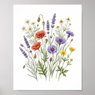 Vintage rote Mohn- und Lavendel-Wildblumen-Kunst Poster