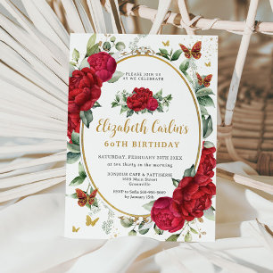 Vintage Rote Peonies Blumenschmetterlinge zum Gebu Einladung