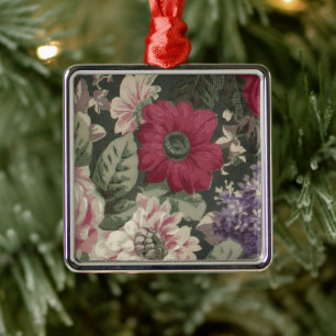 Vintage rote pink blaue weiße Blumenmalerei Ornament Aus Metall