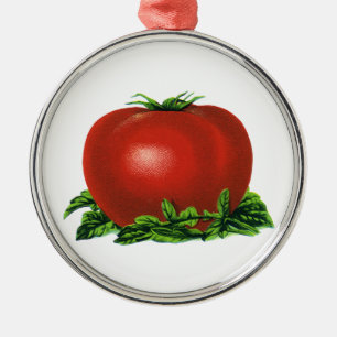 Vintage‑rote reife Tomate, Gemüse und Früchte Silbernes Ornament
