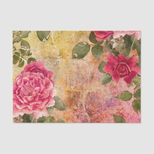 Vintage rote rosa Rosen mit Golddamast Seidenpapier (Vorderseite)