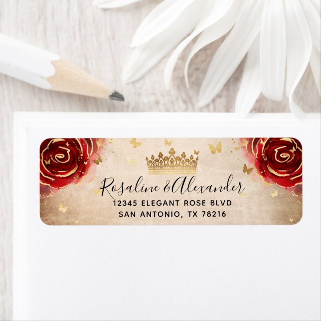Vintage Rote Rose Black Gold Crown Rücksendeadress (Insitu)