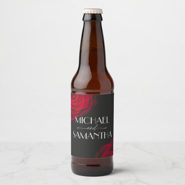 Vintage rote Rose Blütenhochzeit Bierflaschenetikett (Vorderseite)