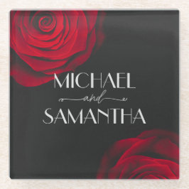 Vintage rote Rose Blütenhochzeit Glasuntersetzer