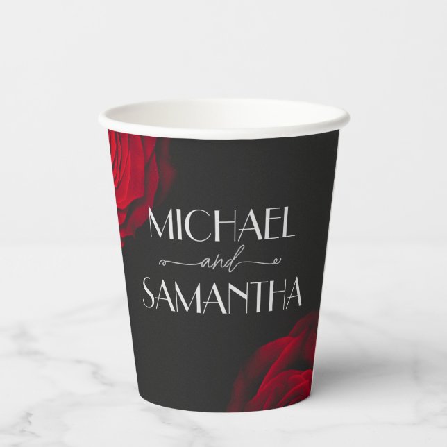 Vintage rote Rose Blütenhochzeit Pappbecher (Rückseite)