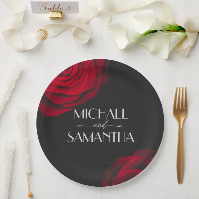 Vintage rote Rose Blütenhochzeit Pappteller (Hochzeit)