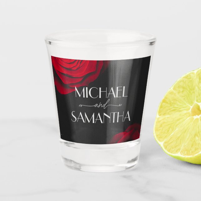 Vintage rote Rose Blütenhochzeit Schnapsglas (Vorderseite)