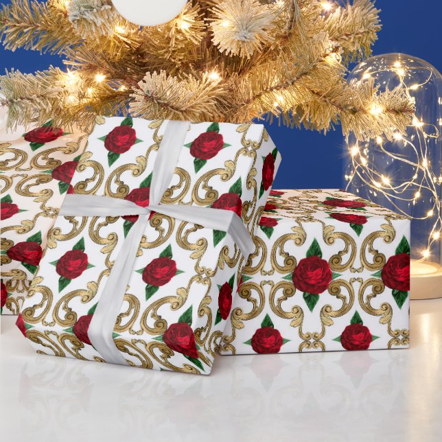 Vintage Rote Rose Gold-Muster Geschenkpapier (Feiertage)