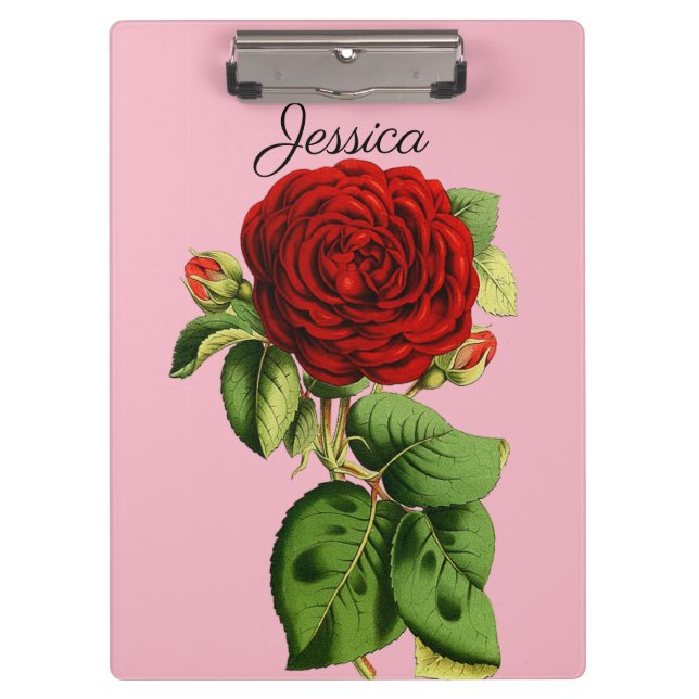 Vintage Rote Rose mit Ihrem Namen Klemmbrett (Vorderseite)