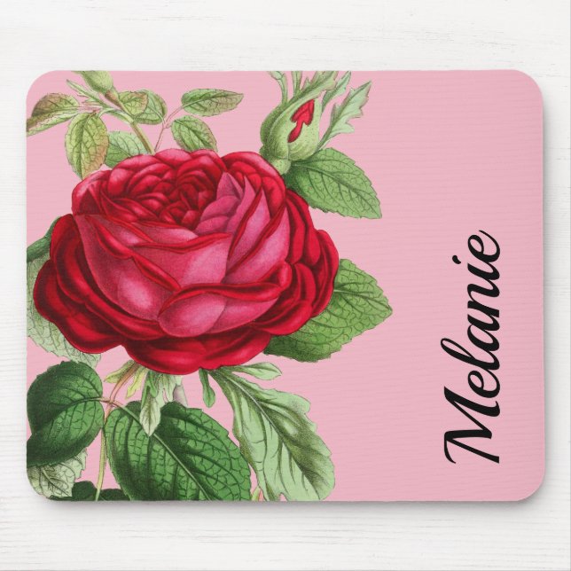 Vintage Rote Rose mit Ihrem Namen Mousepad (Vorne)