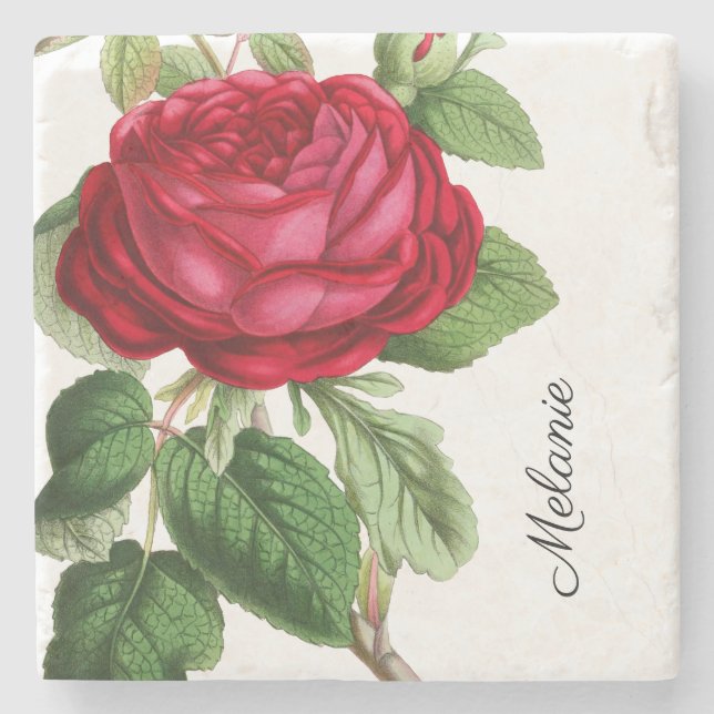 Vintage Rote Rose mit Ihrem Namen Steinuntersetzer (Vorderseite)
