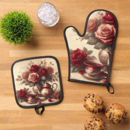 Vintage Rote Rose Ofenhandschuh & Topflappen-Set