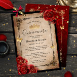 Vintage Rote Rose Schwarzes Gold Einladung<br><div class="desc">Elegante Vintage Quinceanera-Einladungen, die Sie leicht personalisiert haben können für einen 15. Geburtstag, eine süße 16 Feier, oder sogar eine Hochzeit. Ändern Sie einfach den Schriftzeichen-Typ, um Ihre Feier zu erfüllen, und fügen Sie Ihre eigenen Details hinzu. Das botanische rustikale Design zeigt romantische rote Rosen in einer Aquarellfarbe, die mit...</div>