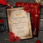 Vintage Rote Rose Schwarzes Gold Einladung<br><div class="desc">Elegante Vintage Quinceanera-Einladungen, die Sie leicht personalisiert haben können für einen 15. Geburtstag, eine süße 16 Feier, oder sogar eine Hochzeit. Ändern Sie einfach den Schriftzeichen-Typ, um Ihre Feier zu erfüllen, und fügen Sie Ihre eigenen Details hinzu. Das botanische rustikale Design zeigt romantische rote Rosen in einer Aquarellfarbe, die mit...</div>