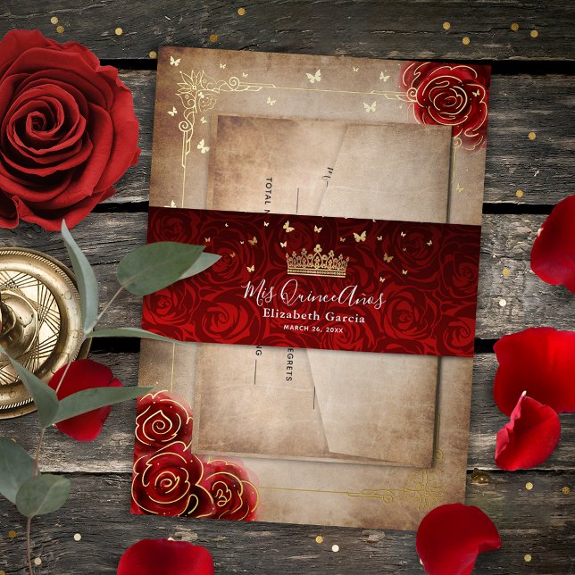 Vintage Rote Rose Schwarzes Gold Einladungsbanderole (Add an elegant touch to your party stationery with red and gold quinceanera invitation belly bands.)