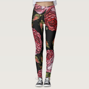Vintage Rote Rose Stickereimuster Leggings