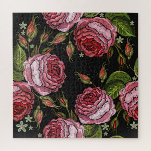 Vintage Rote Rose Stickereimuster Puzzle
