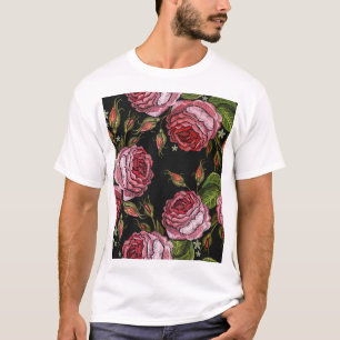 Vintage Rote Rose Stickereimuster T-Shirt