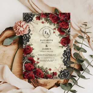 Vintage Rote Rose und Black Lace Wedding Einladung