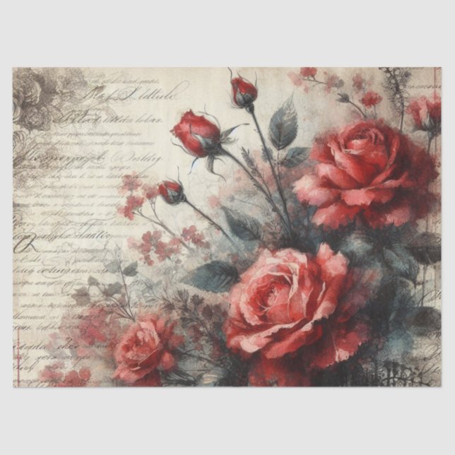 Vintage Rote Rose und botanische Collage Decoupage Seidenpapier (Vorderseite)