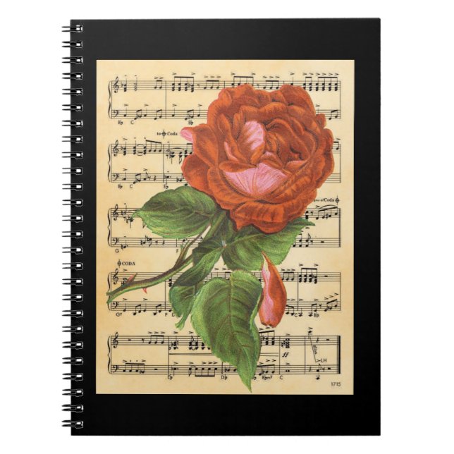 Vintage Rote Rose und Musik Notizblock (Vorderseite)