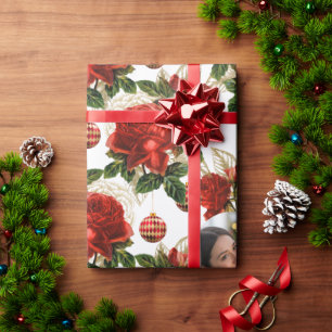 Vintage rote Rose und Troddel Weihnachtsfoto Geschenkpapier