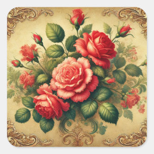 Vintage rote RoseFloral Elegantes Gold Quadratischer Aufkleber