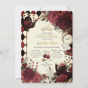 Vintage rote Rosen Alice im Wunderland Quinceanera Einladung