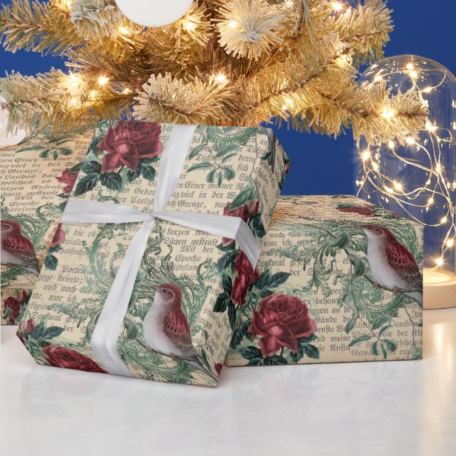 Vintage Rote Rosen Birds Newspringen Weihnachten Geschenkpapier (Feiertage)