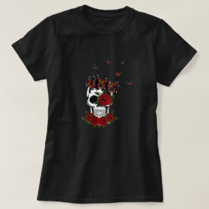Vintage rote Rosen Blumen und Schmetterling-Schäde T-Shirt