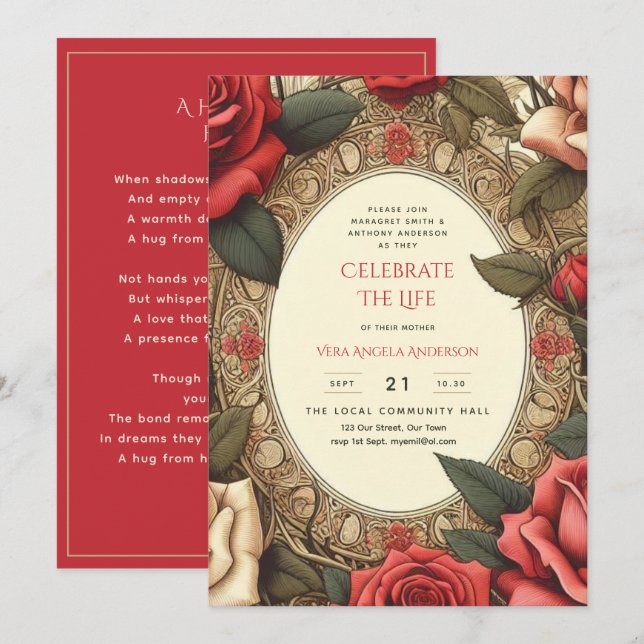 Vintage Rote Rosen feiern Lebensgedicht Einladung (Vorne/Hinten)