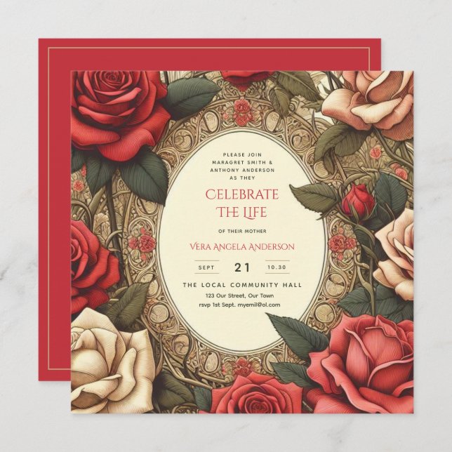 Vintage Rote Rosen feiern Lebensgedicht Einladung (Vorne/Hinten)