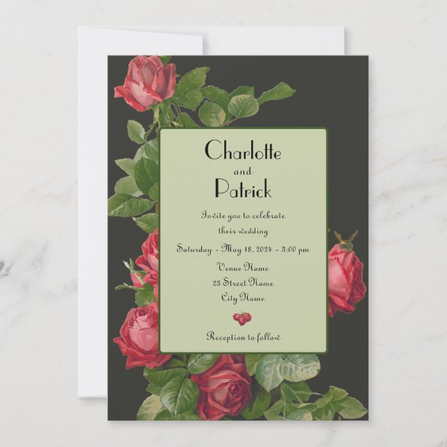 Vintage Rote Rosen fordern Grüne Hochzeit Einladung (Vorderseite)