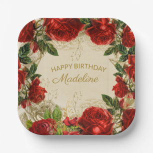 Vintage rote Rosen Frauen Alles Gute zum Geburtsta Pappteller