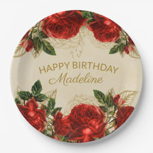 Vintage Rote Rosen Frauen zum Geburtstag glücklich Pappteller
