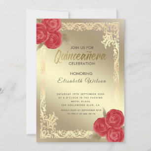 Vintage rote Rosen mit Goldrahmen Quinceñera Einladung
