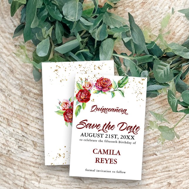Vintage Rote Rosen Quinceanera Save The Date (Quinceanera save the date cards from my Vintage Floral Red Roses Quinceanera Collection)