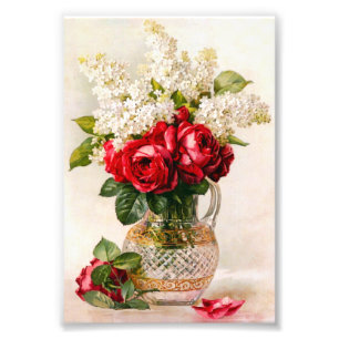 Vintage rote Rosen und Baby’s Breath Fotodruck