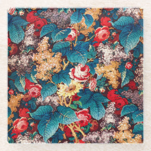 Vintage rote Rosen und lila Blumenmuster Glasuntersetzer