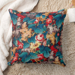 Vintage rote Rosen und lila Blumenmuster Kissen