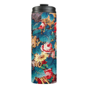 Vintage rote Rosen und lila Blumenmuster Thermosbecher