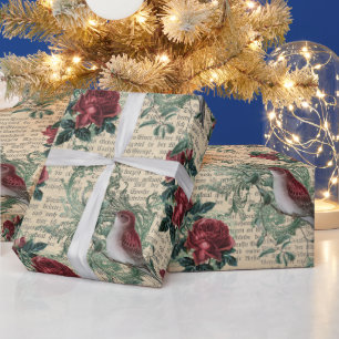 Vintage rote Rosen Vögel Zeitungspapier Weihnachte Geschenkpapier
