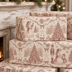 Vintage rote Toile de Jouy Our Christmas Story Geschenkpapier
