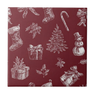 Vintage rote Toile-Weihnachten mit Strümpfen (2) Fliese